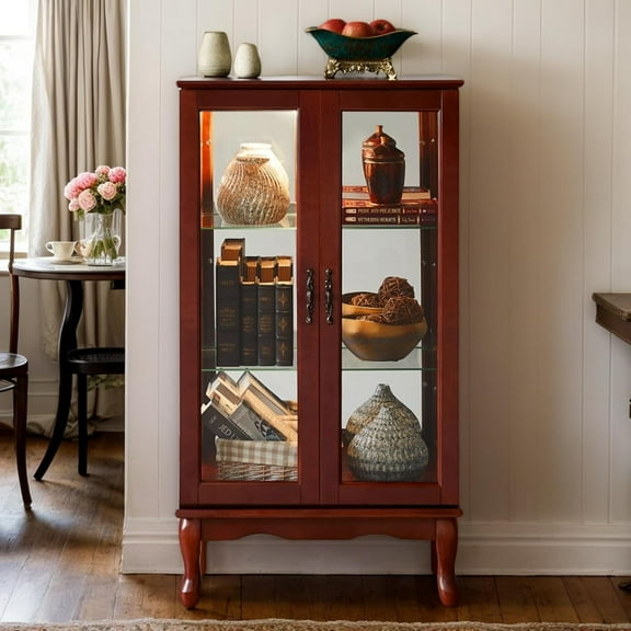 Lighted Curio Cabinet with 3-Tier Adjustable Shelves and Mirrored Back Panel, 44" H Glass Display with Tempered Glass Doors, Wooden China Cabinet for Living Room(E26 Light Bulb not Included)
