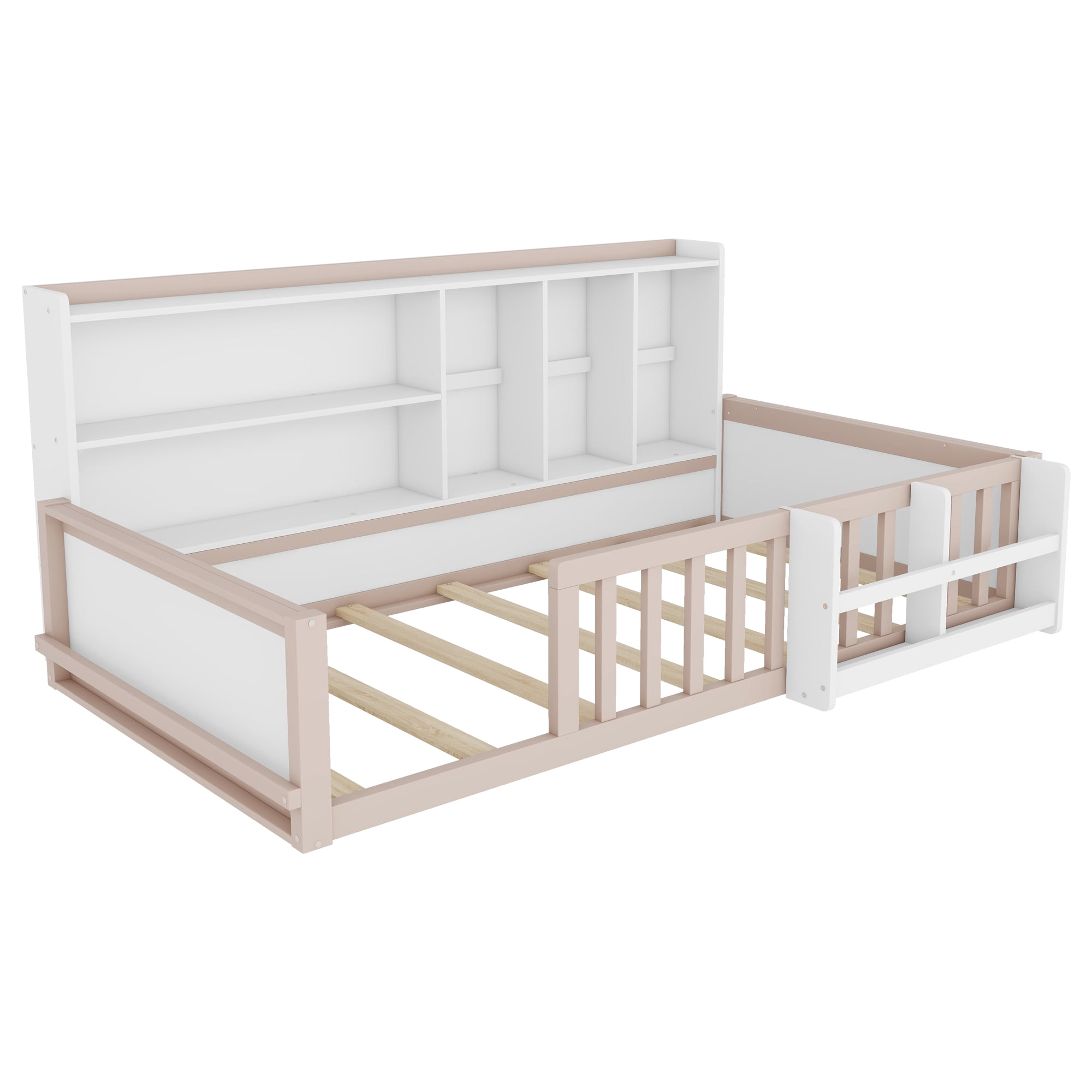 Mintazer Twin Size Montessori Floor Bed with Bookshelf & Guardrails, Kids Platform Bed Frame with Storage Cubbies for Bedroom, White & Natural