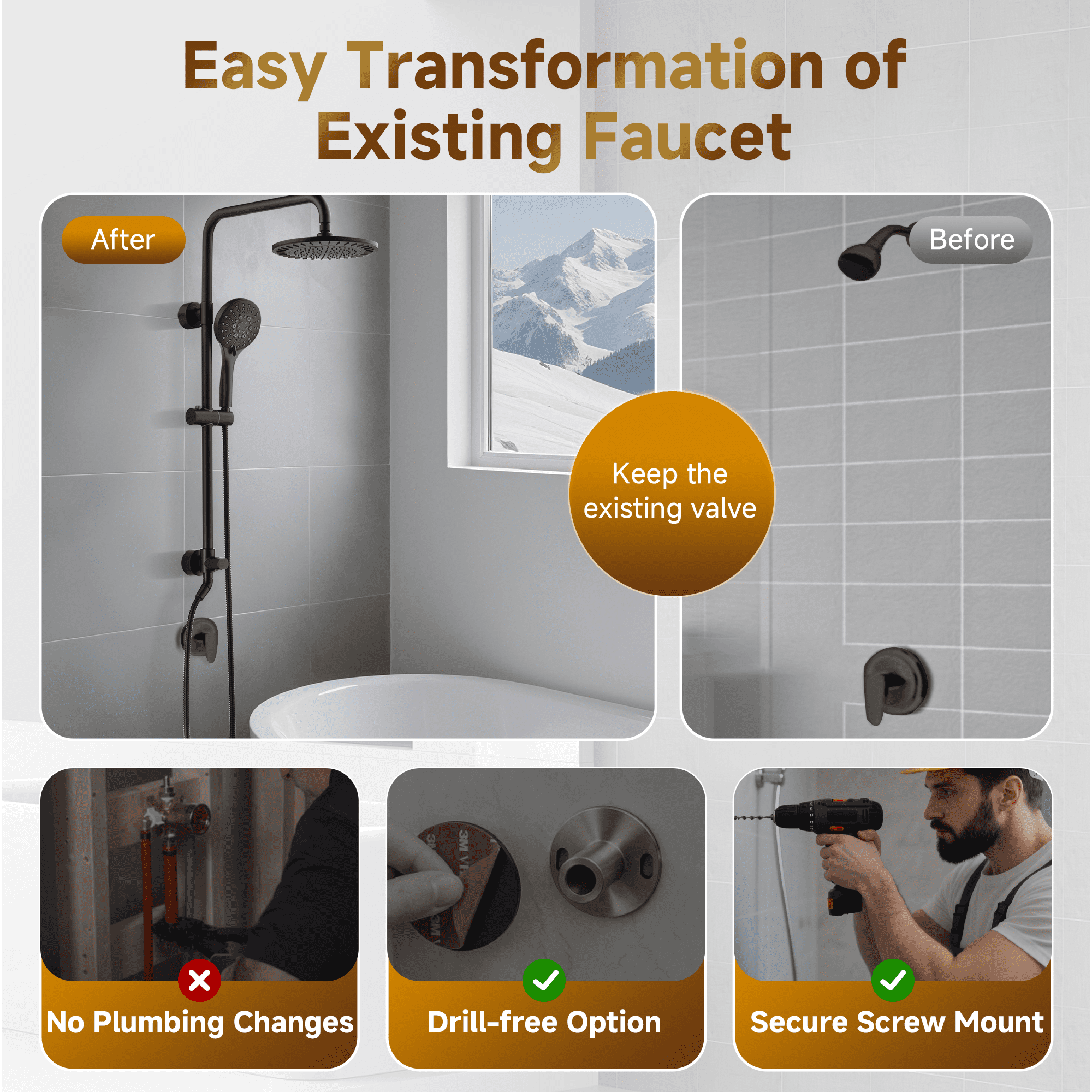 Bright Showers Rain Shower Heads System, Rainfall & Handheld Shower Combo with Height Adjustable Holder, Solid Brass Rail, 60" Long Hose, Chrome