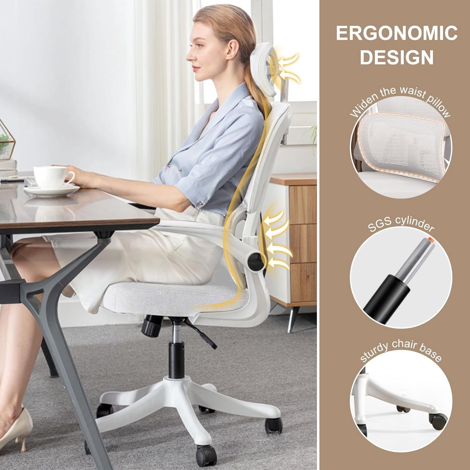 WXJHL Ergonomic Office Chair Comfort Home Desk Chair Adjustable High Back Mesh Chair Lumbar Support Computer Chair with Flip-up Arms for Work, Study, Gaming,White Mesdh Chair（White）