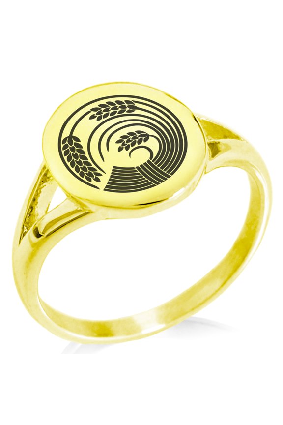 Stainless Steel Circle of Rice Plant Kamon Crest Minimalist Oval Top Polished Statement Signet Ring