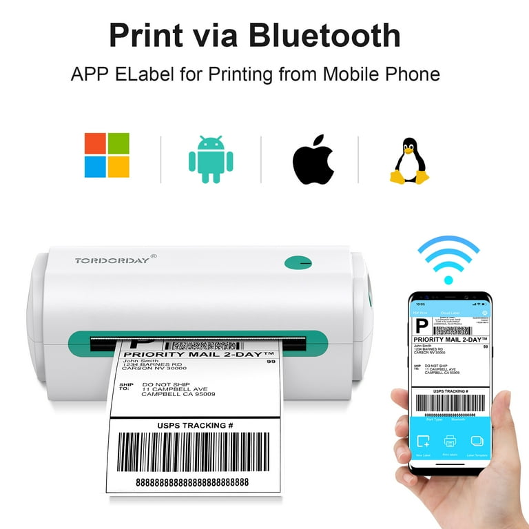 TORDORDAY Bluetooth Thermal Shipping Label Printer, 4''x6'' Bluetooth Label Printer for Shipping Packages