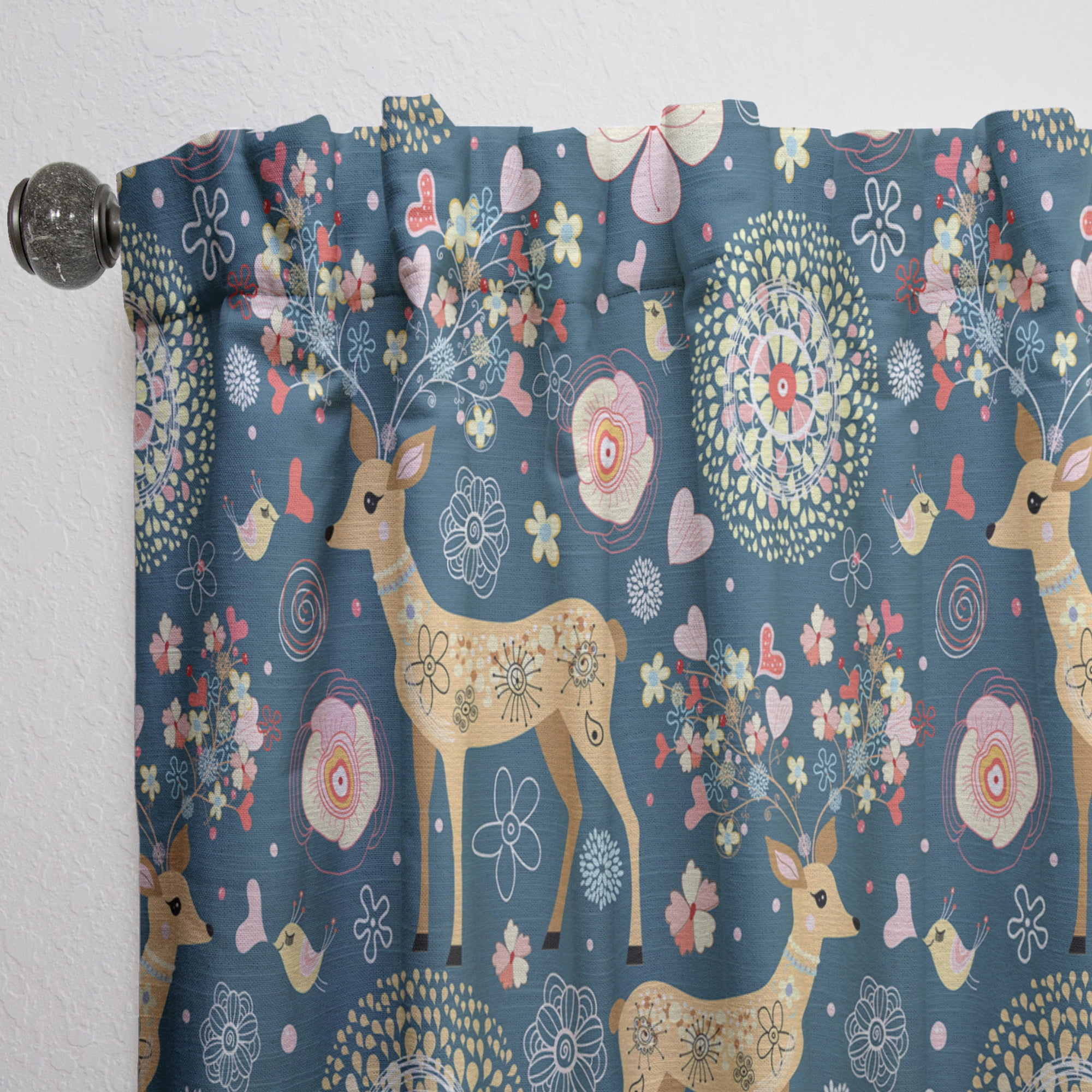 Designart 'Flowers and Hearts Antlers With Deer' Floral Curtain Panel