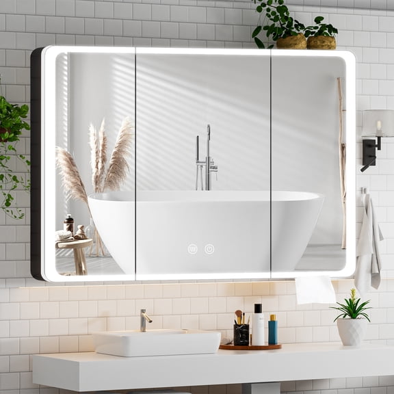 Yamissi Smart LED Medicine Cabinet, 3-Door Mirrored Bathroom Vanity with Storage Shelf & Fogless