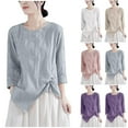 thumbnail image 5 of Lovskoo Cotton Linen Summer Tops for Women 2024 Round Neck 3/4 Sleeve Spring Casual Buttons Solid Color Blouse Loose Tops Beige, 5 of 5