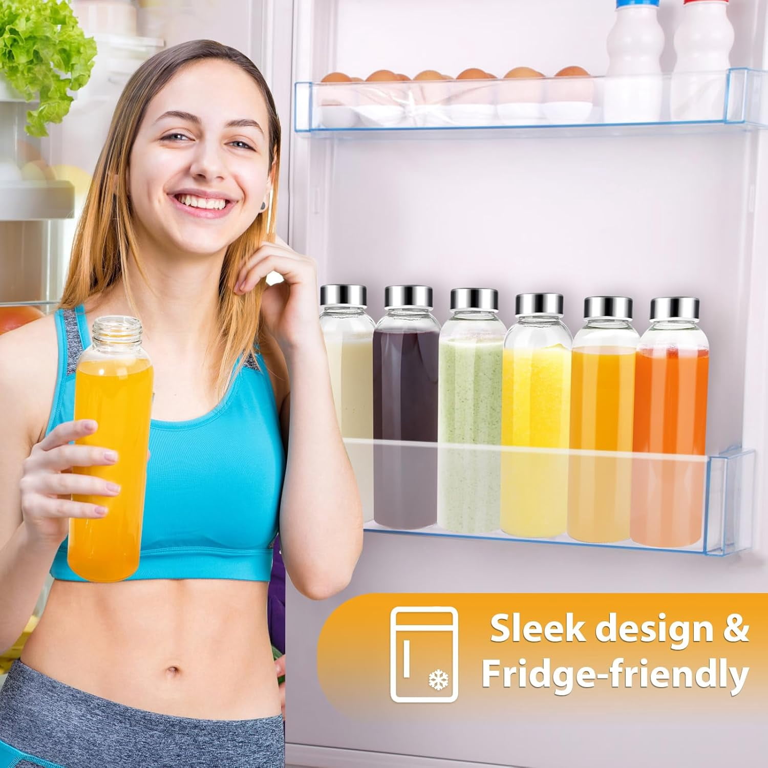 Behome 18 oz Glass Juice Bottles with Lids, 6 Pack Reusable Water Bottles with Funnel, Leak Proof & BPA Free, Glass Water Bottle for Juicing, Refrigerator, Beverage Storage Containers