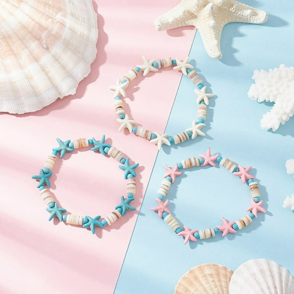 3pcs Turquoise & Natural Freshwater Shell Beads Stretch Bracelets for Women Starfish Mixed color Inner Diameter: 2~2-1/8 inch(5.2~5.3cm) Turquoise