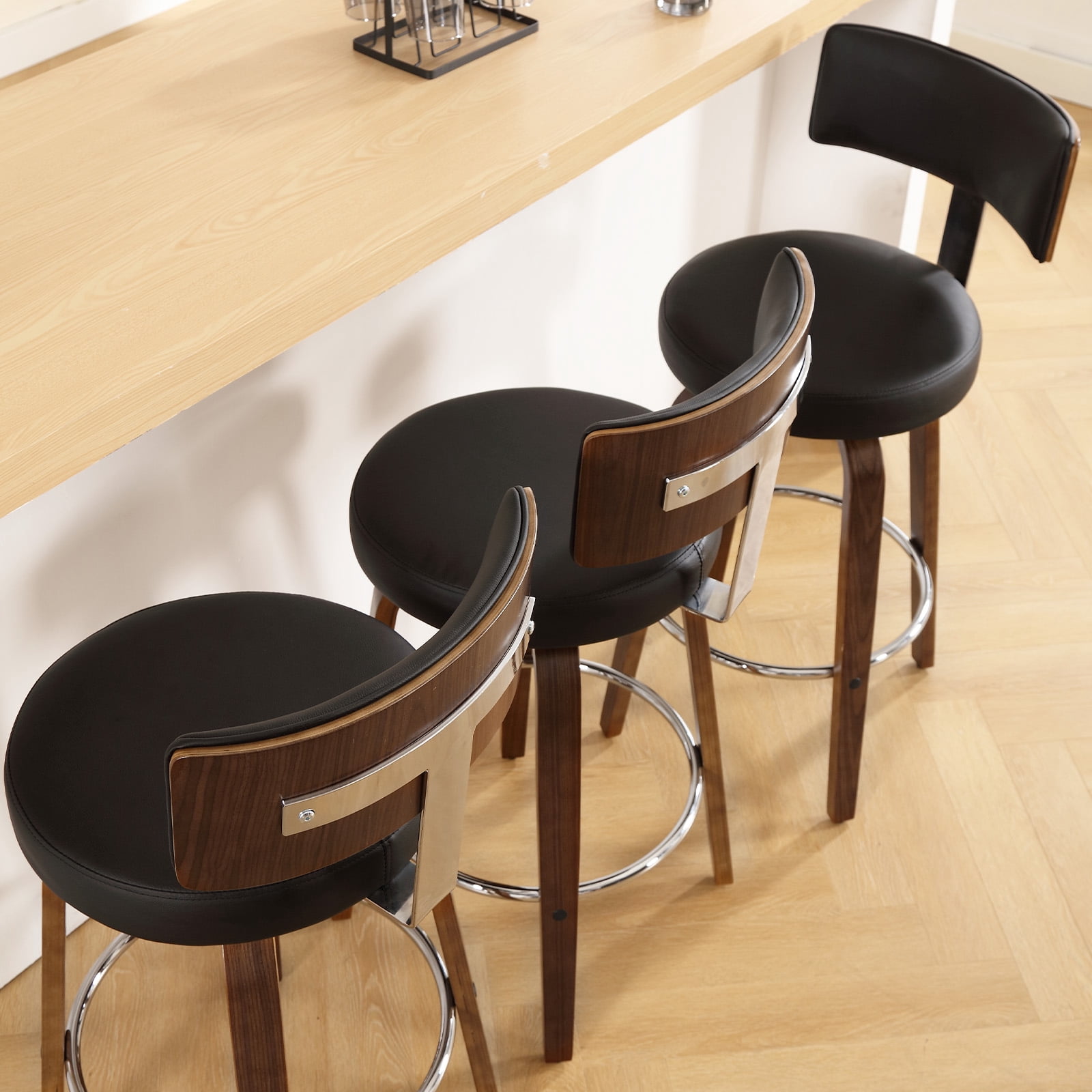 ANMINY Bar Stools Set of 2 360° Swivel with Back and Round Seat PU Leather Barstools 29" Bar Height Upholstered Bar Chairs Island Stools for Kitchen Counter
