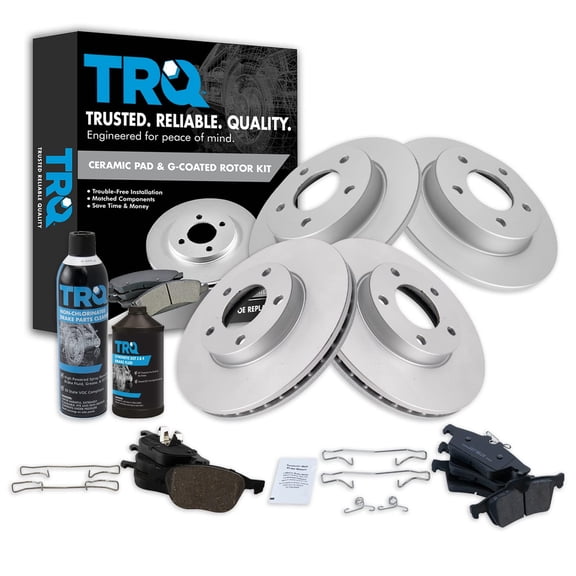 TRQ Brake Pad & Coated Rotor Kit Ceramic Front & Rear w/Chemicals BKA23068