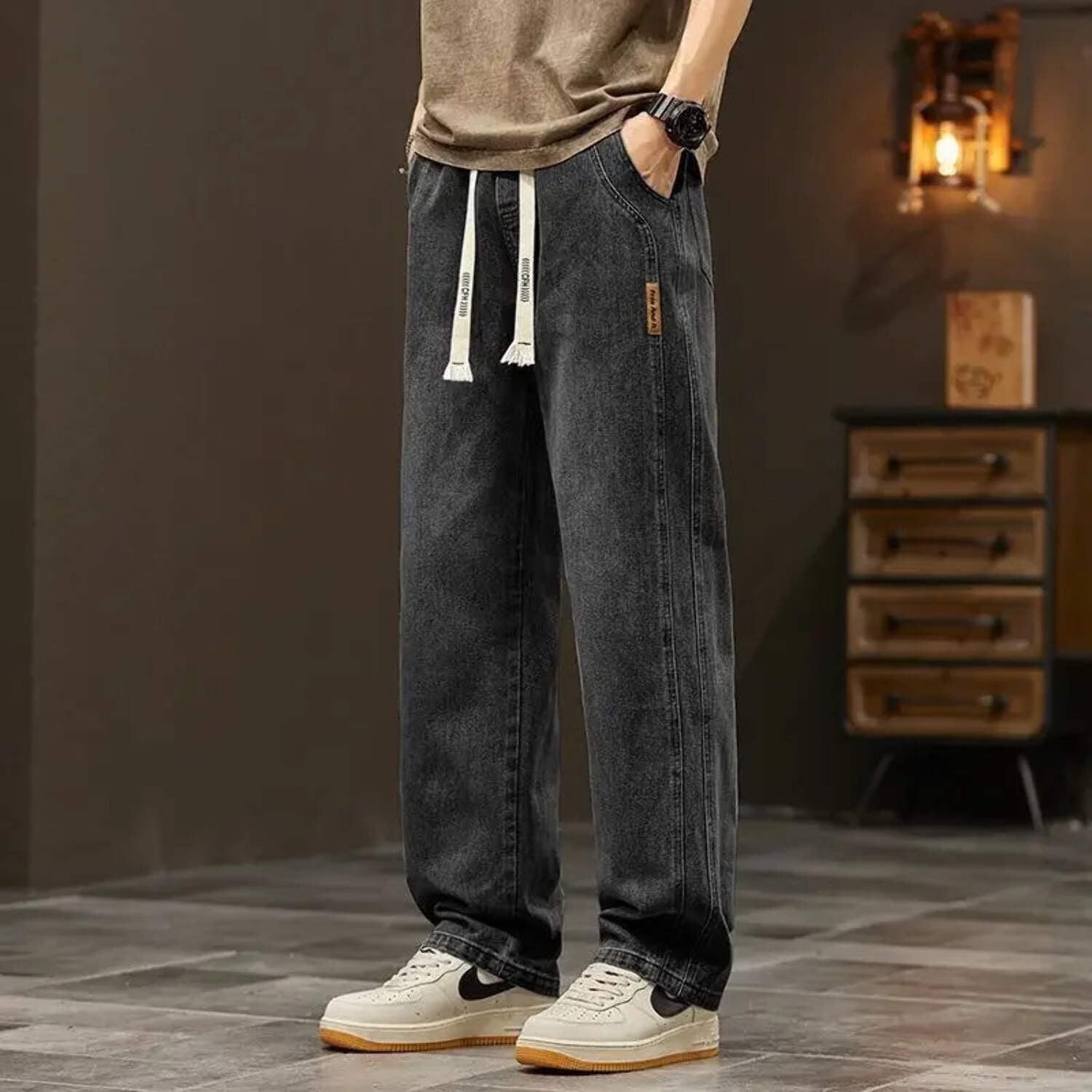 Elastic loose straight jeans men's wide legged denim pants