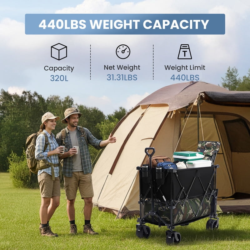 Gianna Folding Double Decker Wagon with Brakes, 54" Extra Long Extended Cart, Equipped with 7" All-Terrain Big Wheels for Camping, Sports，Black