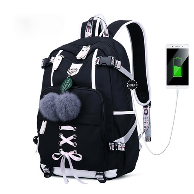 Teens Backpack Pom Pom Lace up USB Splash-proof College Backpack Travel Backpack