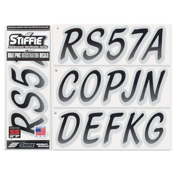 STIFFIE Whipline Black/Metallic Silver 3" Super Sticky Boat  PWC Registration Decals • Numbers Letters Stickers