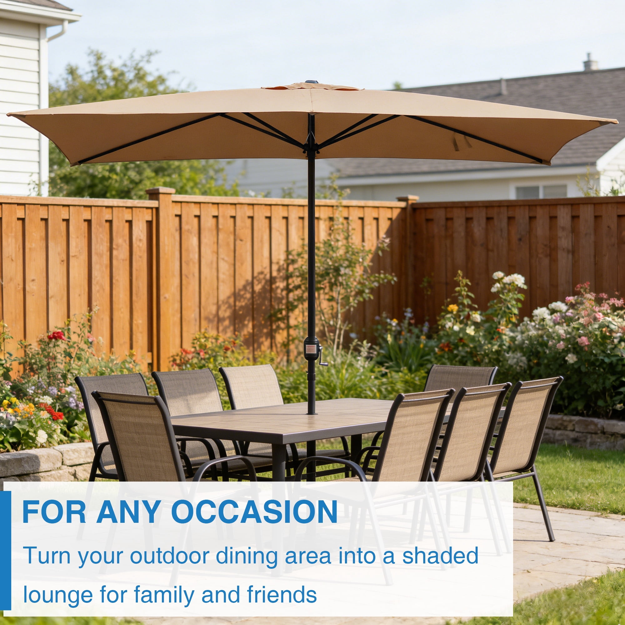 Abble 10x6.5ft Rectangular Patio Umbrella with Crank Handle, Outdoor Market Umbrella with 6 Sturdy Umbrella Ribs, Waterproof, Tan