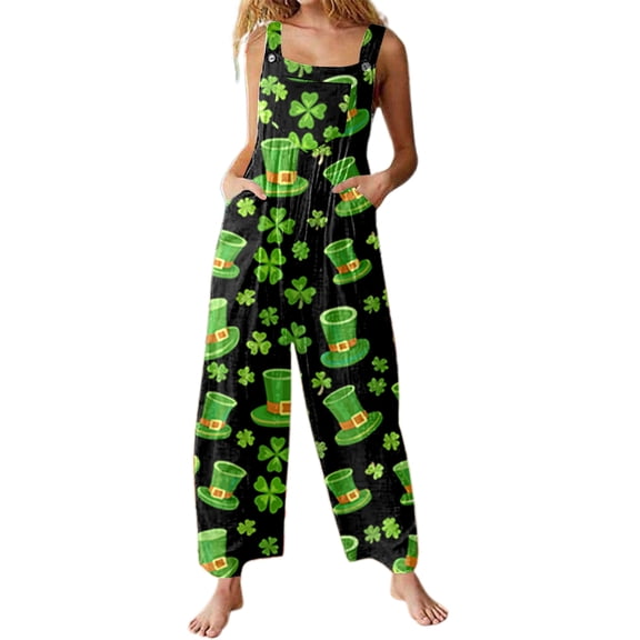 Gyujnb Women's St. Patrick's Day Overalls - Leprechaun Hat & Shamrock Print Pocketed Wide Leg Jumpsuit for Irish Festival,XXL