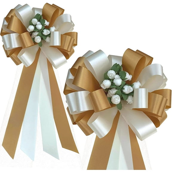 Ivory and Gold Wedding Pull Bows with Tulle Tails and Rosebuds - 8" Wide, Set of 6, Pew Bows, Christmas