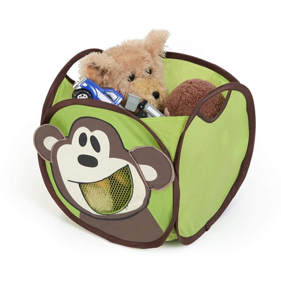 Smart Design Kids Pop Up Organizer Cube with Animal Print - VentilAir Mesh Netting - for Toddlers, Baby Clothes, Plushies, and Toys - Baby Organization - 10.5 x 11 Inch - Green and Brown Monkey
