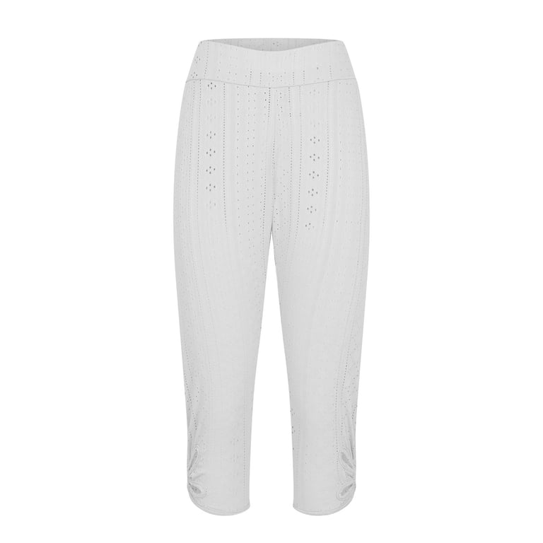 YUTK Ersazi Women Wide Leg Dress Pants Fashion Women Plus Size Solid Hollow Elastic Waist Casual Leggings Capris Pants White M, Women's, Size: Medium