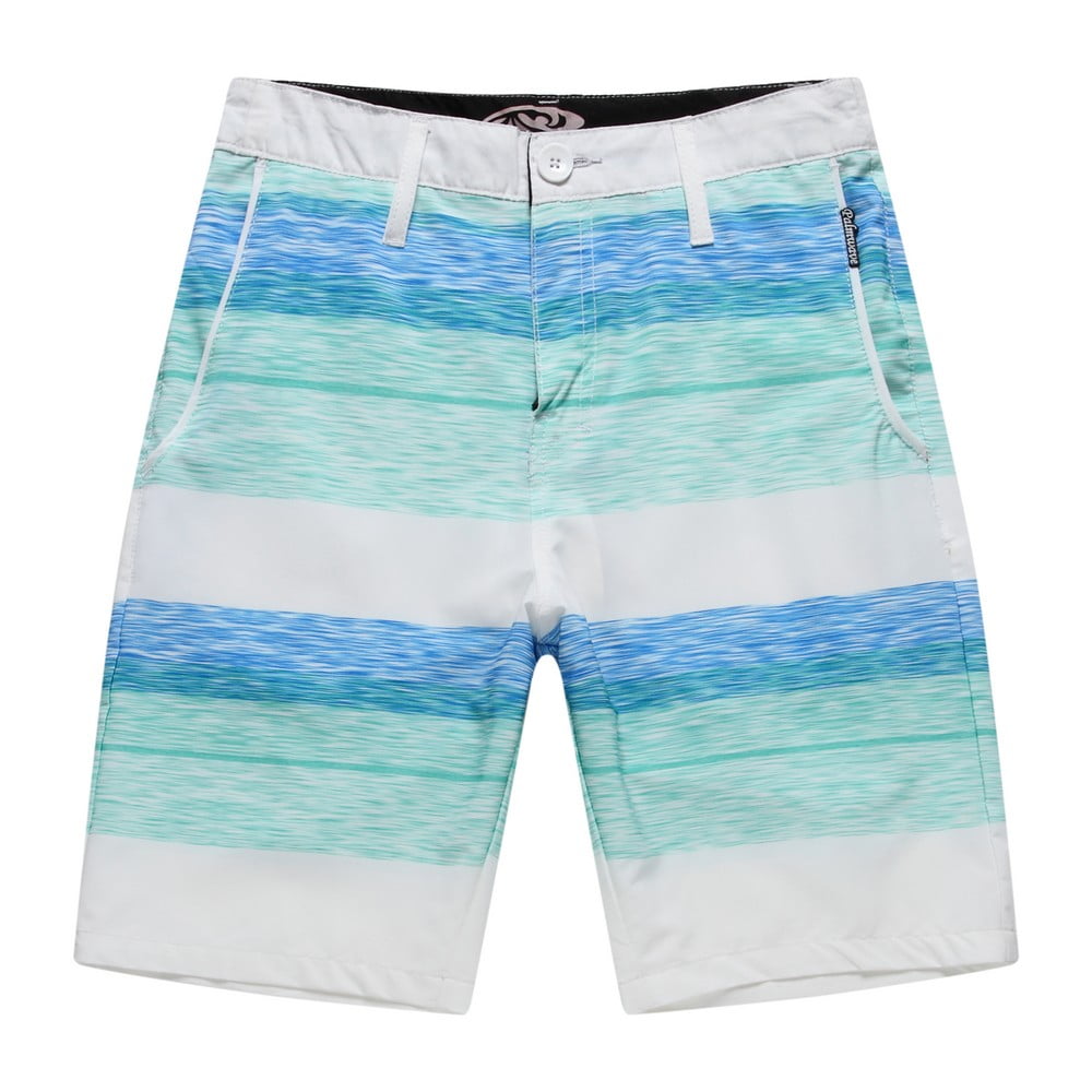 Men's Beach Wear Board Shorts with Pocket in White Blue Wave Stripes