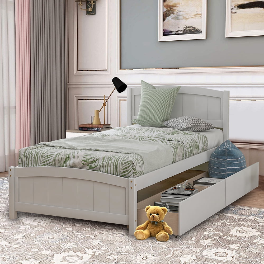 JULYFOX Gray Bed Frame Twin With Drawers, Pine Wood Stoarage Bed ...