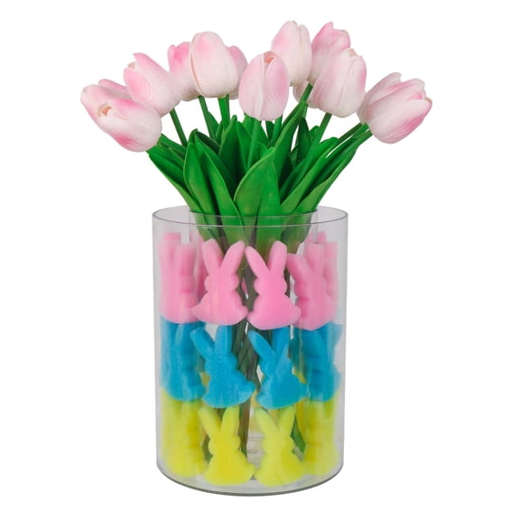 Easter Bunny & Tulips Floral Arrangement Kit with 15 Stems, Vase and 60 High Elastic PU Sponge Rabbits for DIY Stamp Flower Decor, Party Centerpiece and Home Display (156字符)