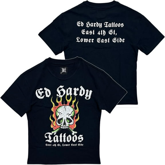 Ed Hardy Men's T-Shirt Fire Skull Tattoos Distressed Print Boxy Relaxed Fit Tee (Large, Vintage Black)