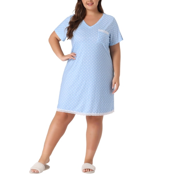 Agnes Orinda Camisones de Talla Grande para Mujeres Lunares Cuello en V Mangas Cortas Midi Camisón 1X Azul Claro