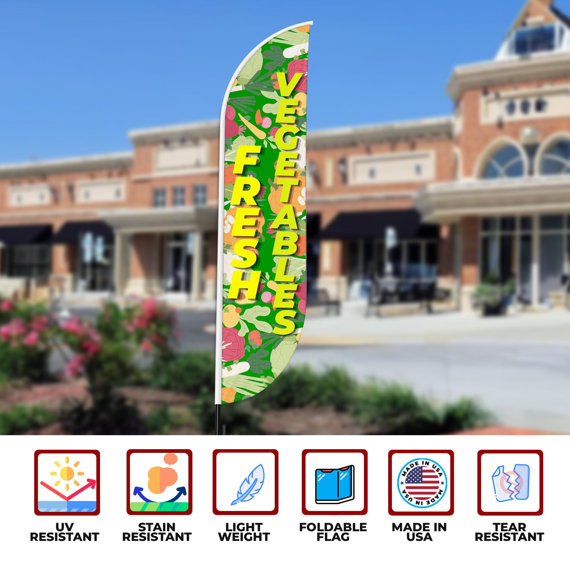 Fresh Vegetables Sign feather flag Outdoor by Mavis Printing | 11.5 FEET Long Polyester Outdoor Banner Flag Easy Hang | HD Print Swooper I Flag Only to Advertise Fresh Vegetables Business I Flag Only