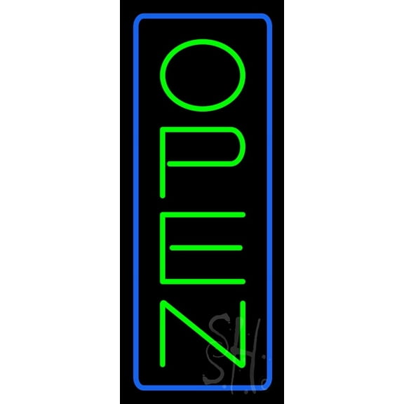 Open - Vertical Green Letters with Blue Border LED Neon Sign 24 x 10 - inches, Clear Edge Cut Acrylic Backing, with Dimmer - Bright and Premium built indoor LED Neon Sign for storefront.