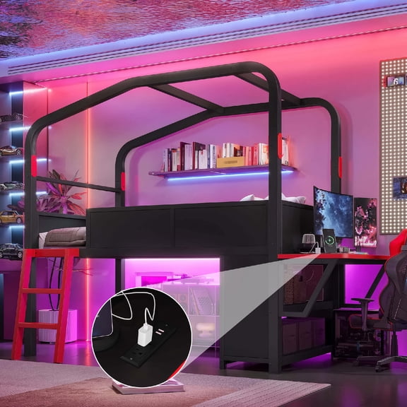 Full Size Metal Gaming Loft Bed with Desk, LED Lights, USB Charging and Storage Cabinets, Loft Bed with Guardrails, Mattress Not Included, Black