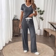 thumbnail image 3 of Women's 2 Piece Lounge Sets V Neck Short Sleeve Tops Wide Leg Pants with Pockets Drawstring Matching Pajama Sets Casual Comfy Loungewear Ribbed Travel Outfits for Spring Summer, 3 of 9