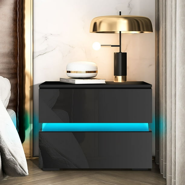 High Gloss 2 Drawer Nightstand RGB LED Backlight Bedroom Beside Table