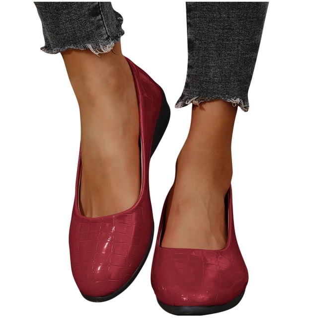 Chaussures Compensées pour Femmes à Enfiler Embossage Pierre Bout Pointu Chaussures Habillées en Cuir Rouge
