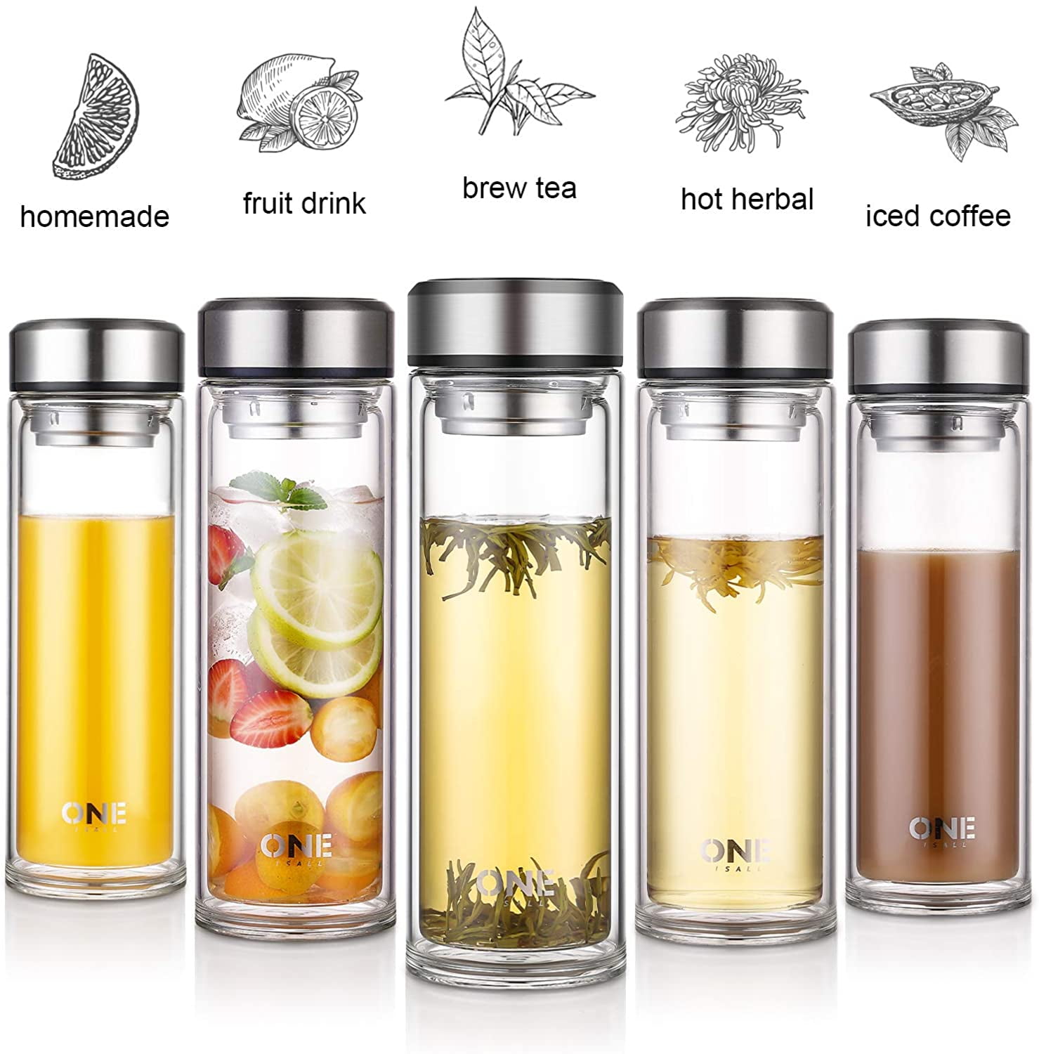 Oneisall Glass Tea Infuser - 7oz Travel Mug with Strainer, Tea Tumbler Bottle for Loose Leaf Tea, Fruit and Cold Brew Coffee (Brown)