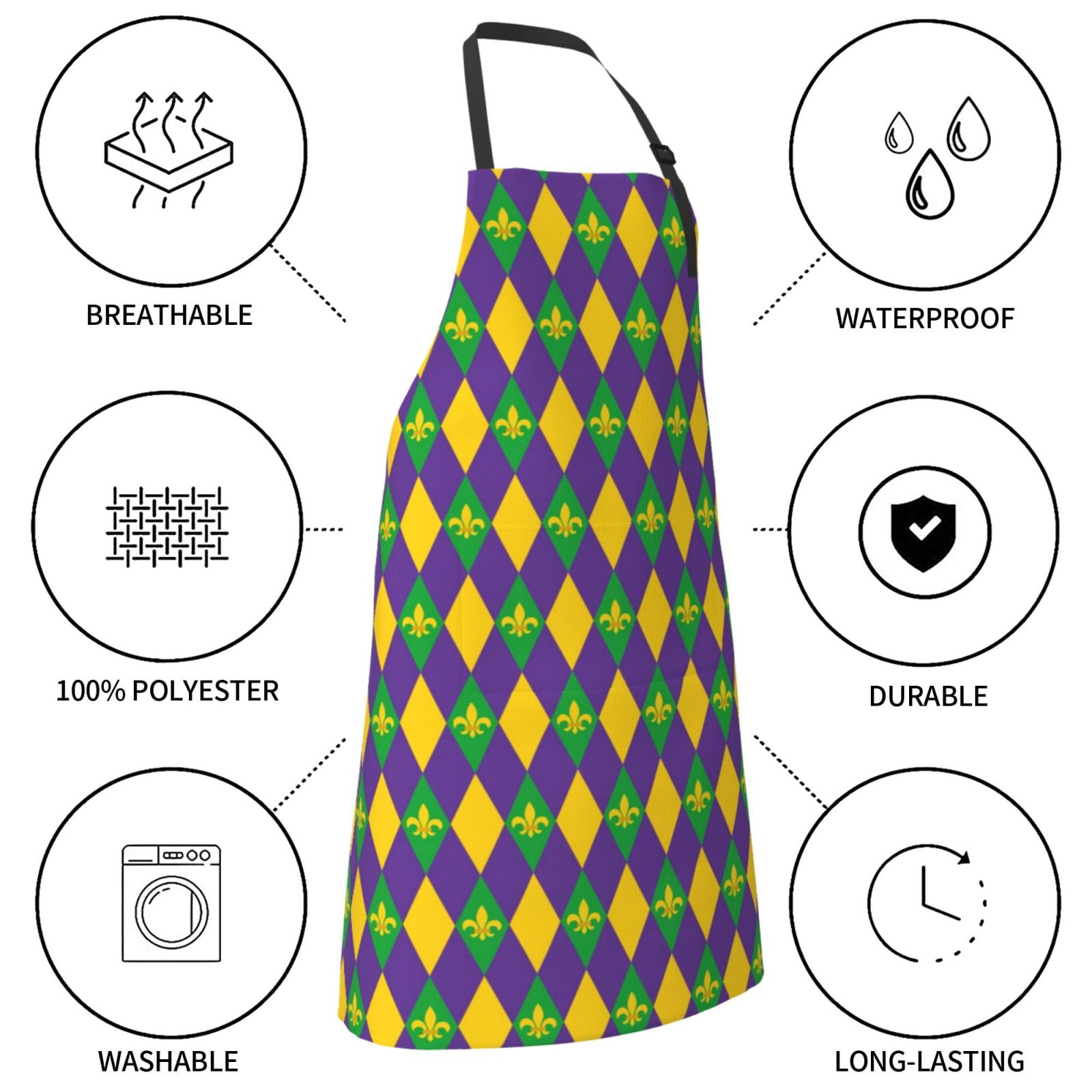Kdxio Mardi Gras Apron with Pockets Adjustable Kitchen Aprons for Men Women Waterproof Aprons for Cooking,Drawing,Crafting, Baking Household Cleaning