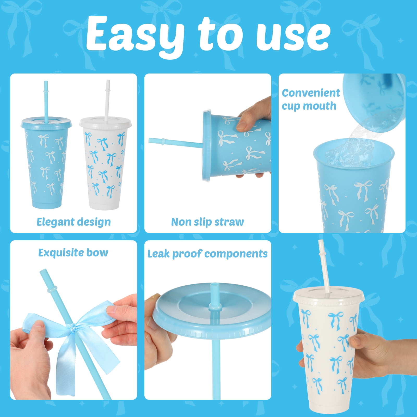 24 Pcs 24oz Bow Plastic Cup with Lid Straw and Ribbon Reusable Tumbler for Birthday Wedding Baby Shower Bridal Party Blue