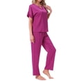 thumbnail image 4 of INSPIRAR CHIC Pijamas de Satén para Mujeres, Camisa de Manga Corta con Cuello en V y Pantalones Largos, Conjunto de Ropa de Casa Suave, S Color Rosa Fucsia, 4 of 6