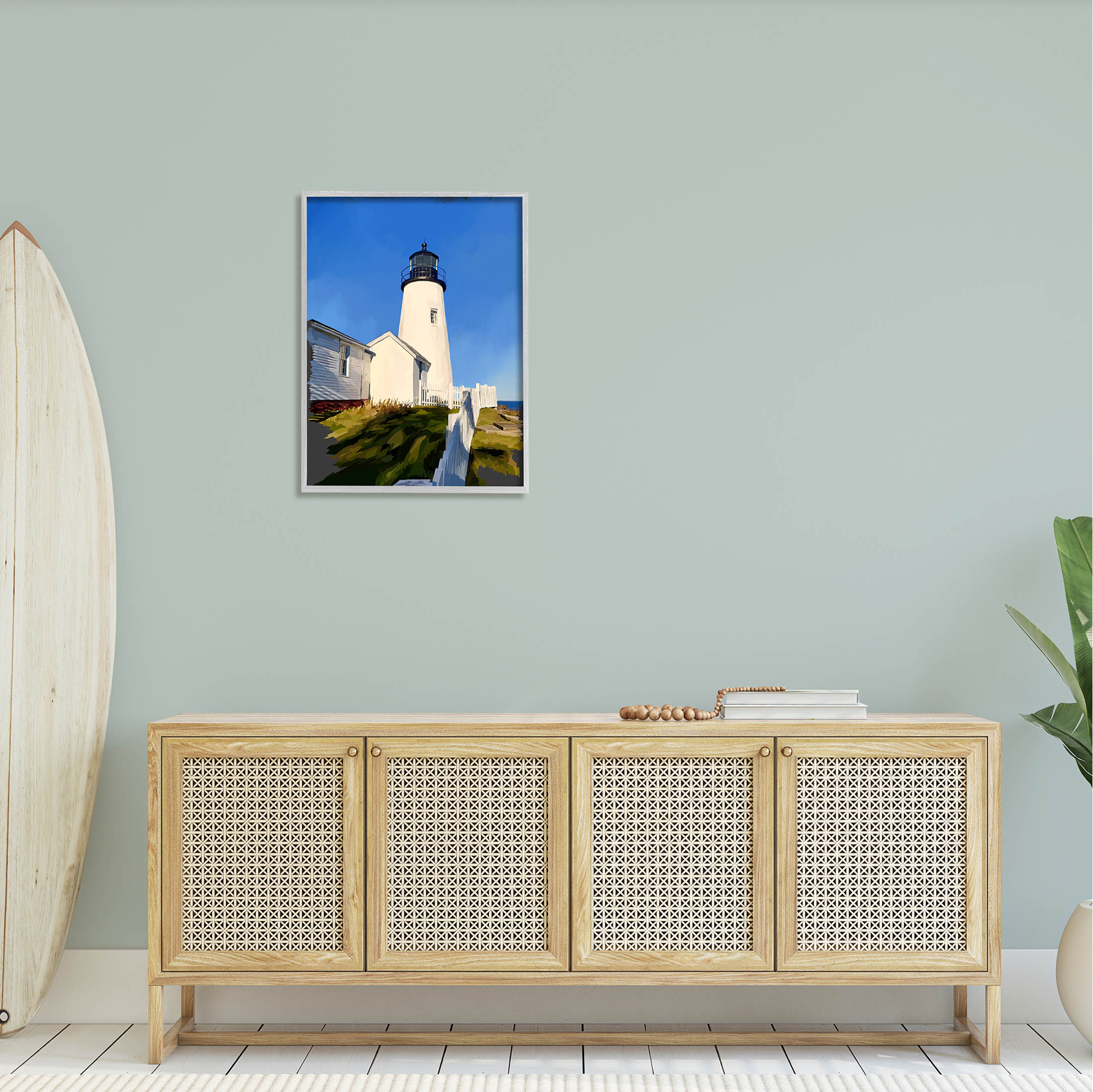 Stupell Industries Coastal Lighthouse Clear Blue Sky Graphic Art Gray Framed Art Print Wall Art, Design by Emily Kalina