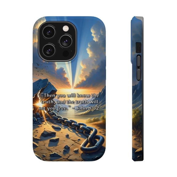 DistinctInk Tough Case for Apple iPhone 14 PRO (6.1" Screen), Compatible with MagSafe Charging - "The Truth Shall Set You Free" - John 8:32