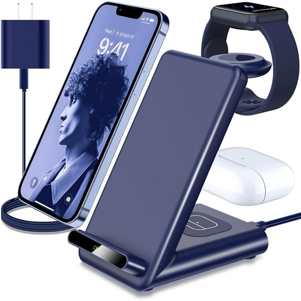 Estación de carga inalámbrica, soporte de carga inalámbrico 3 en 1 hecho para Apple Watch Ultra 9 8 7 6 SE 5 4 3, cargador inalámbrico rápido hecho para iPhone 15/Plus/Pro Max/14/13/12/11/X, para AirP