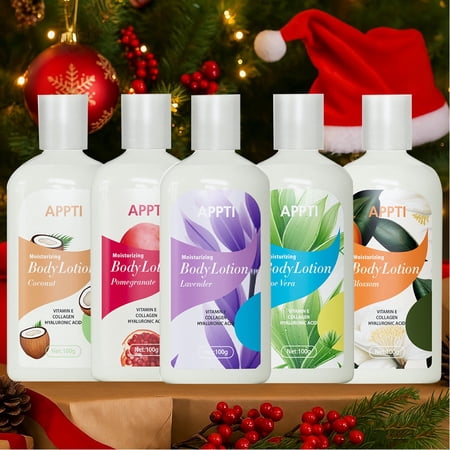 APPTI 5PCS Body Lotion, Aloe Vera, Lavender, Coconut, Pomegranate & Blossom, Travel Size 100g, Moisturizer with Hyaluronic Acid, Collagen & Vitamin E, Dry Skin Repair, Full Body Care Gift Set