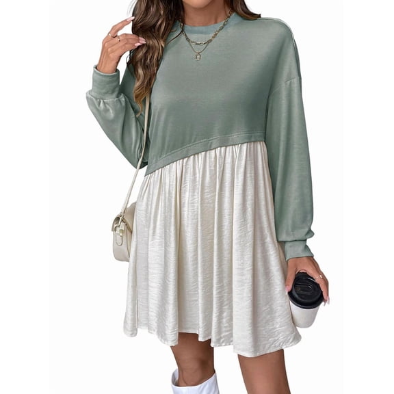 Women'S Color Block Round Neck Long Sleeve Ruffle Hem Casual A Line Short Dress Green S