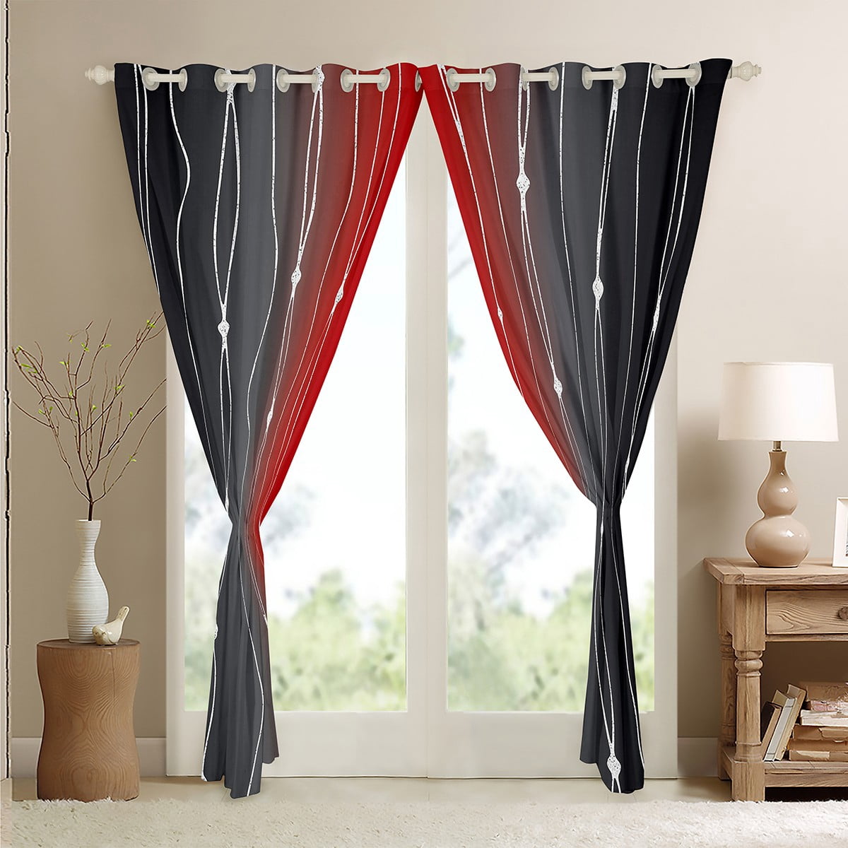 Black and Red Ombre Curtains Aesthetic Geometric Curtains & Drapes, Dots and Wave Stripe 30%-50% Blackout Curtains Watercolor Gradient Living Room Curtains, Abstract Lines Window Treatments