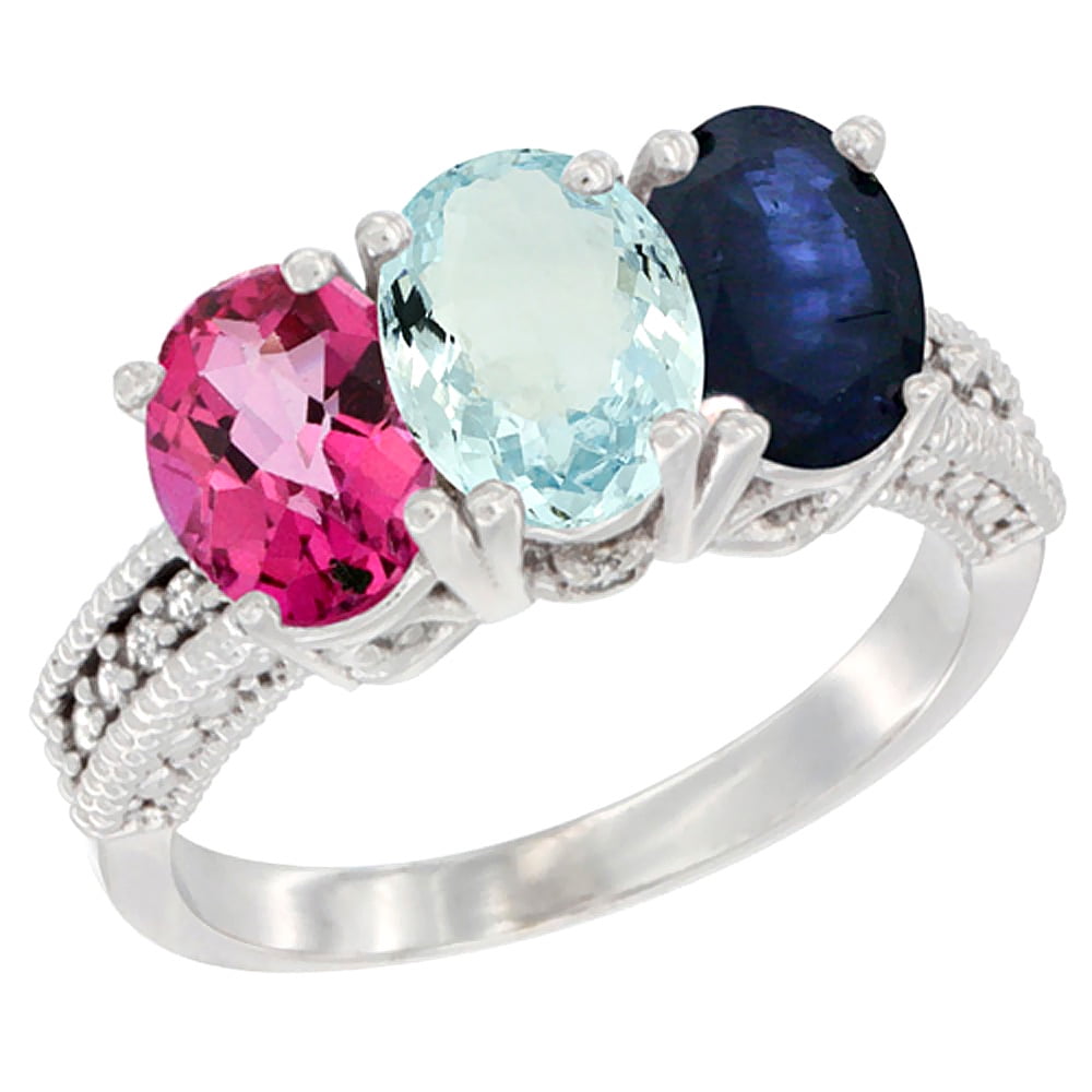 14K White Gold Natural Pink Topaz, Aquamarine & Blue Sapphire Ring 3-Stone 7x5 mm Oval Diamond Accent, sizes 5 10 by WorldJewels