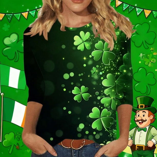 RKSTN St Patricks Day 3/4 Sleeve Tops for Women Oversized Crewneck St Paddy's Day Lucky Shamrocks Graphic Print T Shirt Womens Casual Solid Plus Size Round Neck Loose Three Quarter Sleeve Shirts
