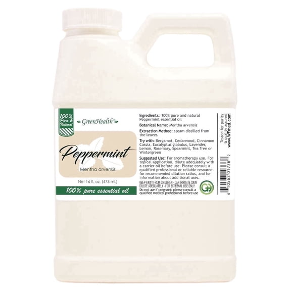 GreenHealth Peppermint Essential Oil, 16 fl oz – 100% Pure Essential Oil, Aromatherapy Grade – Space-Saving FDA-Compliant Jug with Child-Resistant Cap