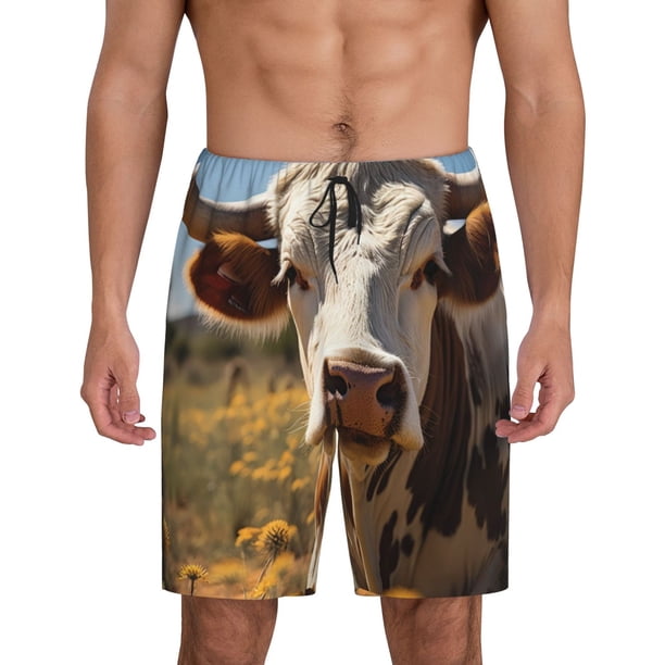 Fotbe Countryside Flower Cow Pantalones Cortos de Pijama para Hombre, Ropa de Dormir, Pantalones de Pijama Cortos para Hombre-Medium