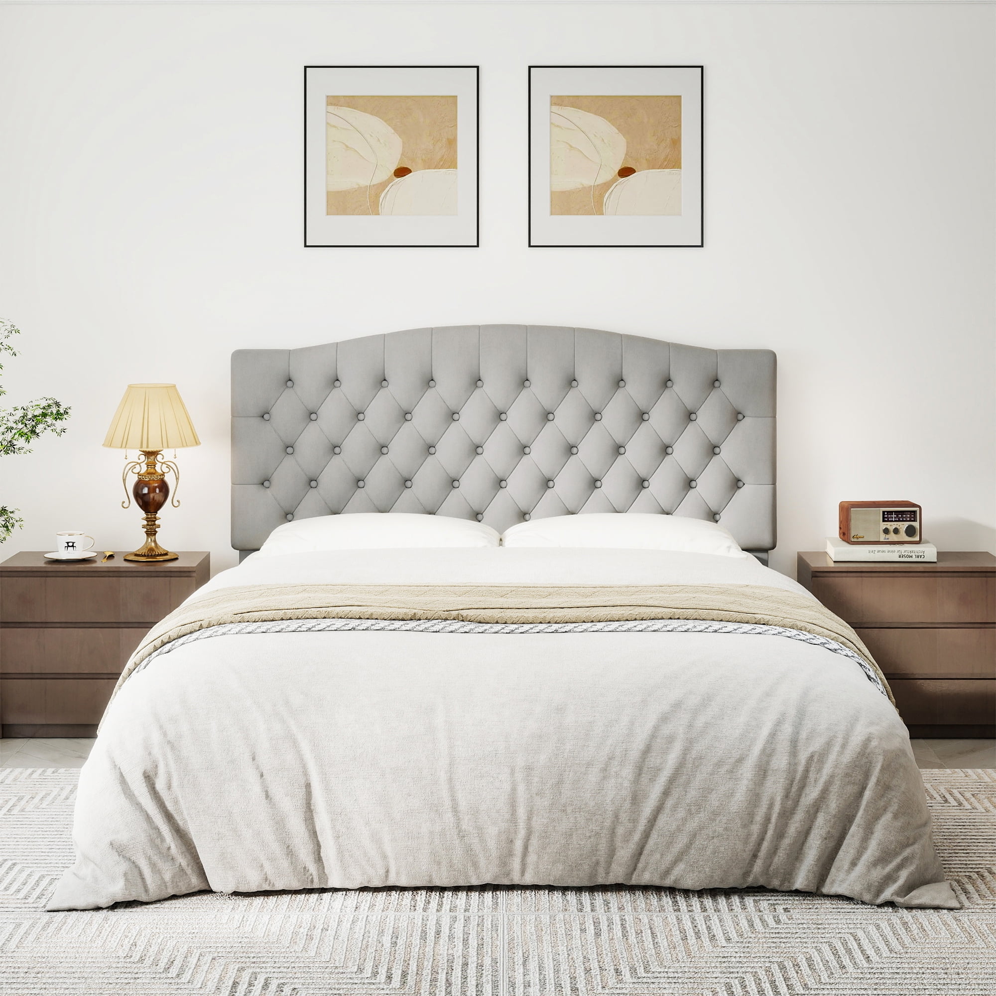 Queen Headboard Wall Mount & Bed Frame Compatible, Velvet Upholstered Button Tufted, Gray