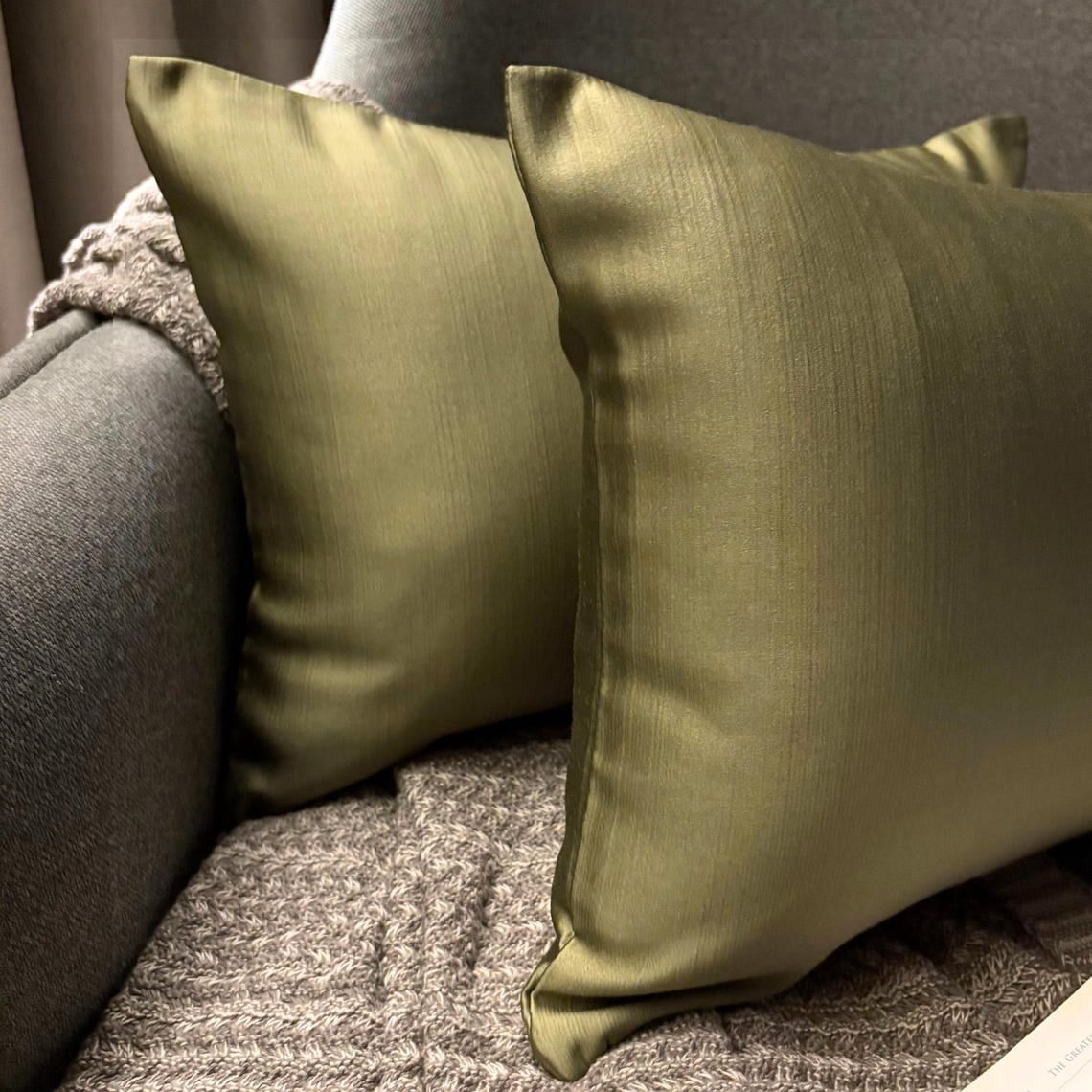 Olive Green Luxury Lumbar Pillow Cover 12"x16" | Pack of 2 Modern Satin Oblong Pillow Cover Solid | Plain Solid Pillowcases for Bed, Couch & Sofa, Modern Home Décor - Dark Green Olive Slub Satin