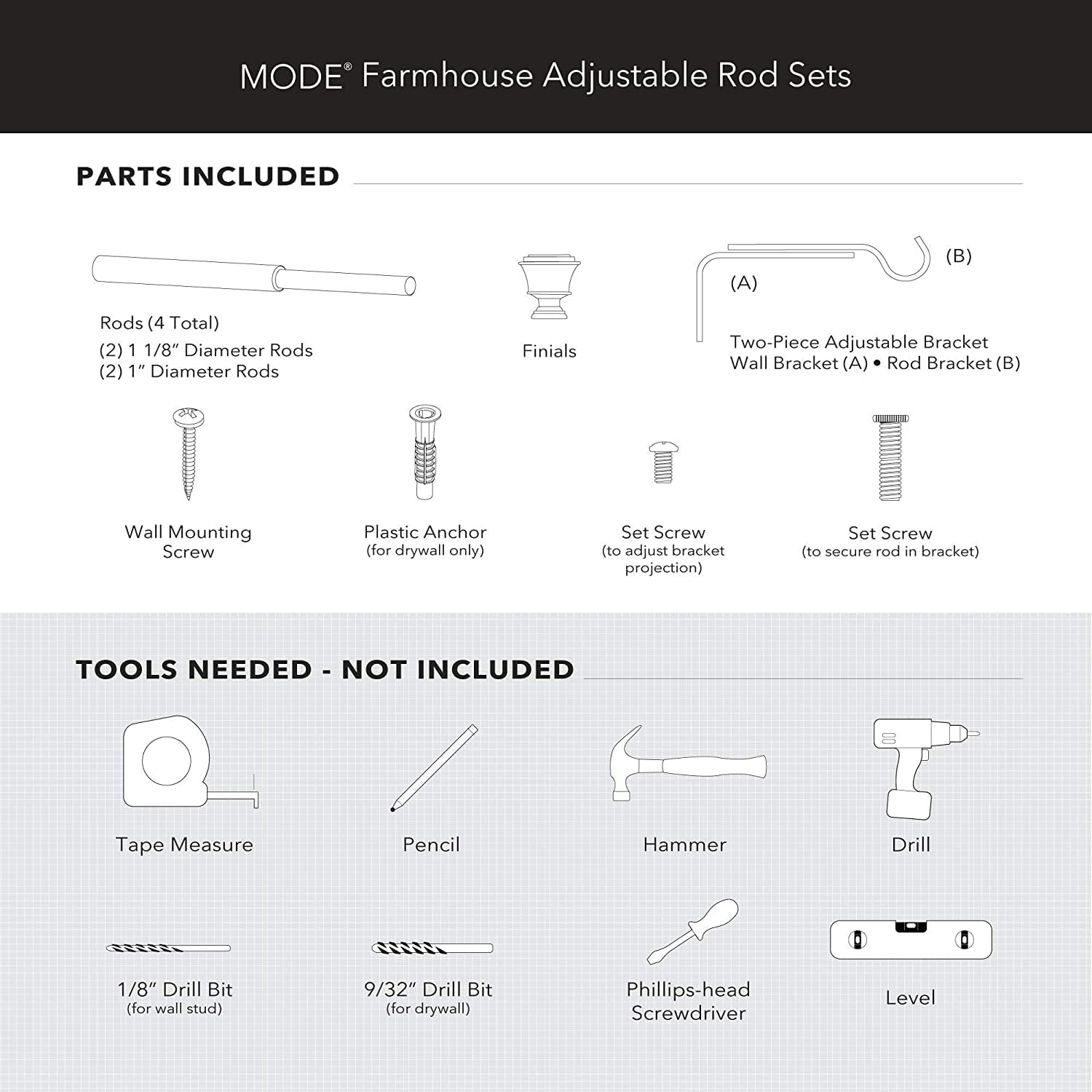 MODE Farmhouse Collection Adjustable Curtain Rod Set with Square Finials, Fits 24” to 60” Windows